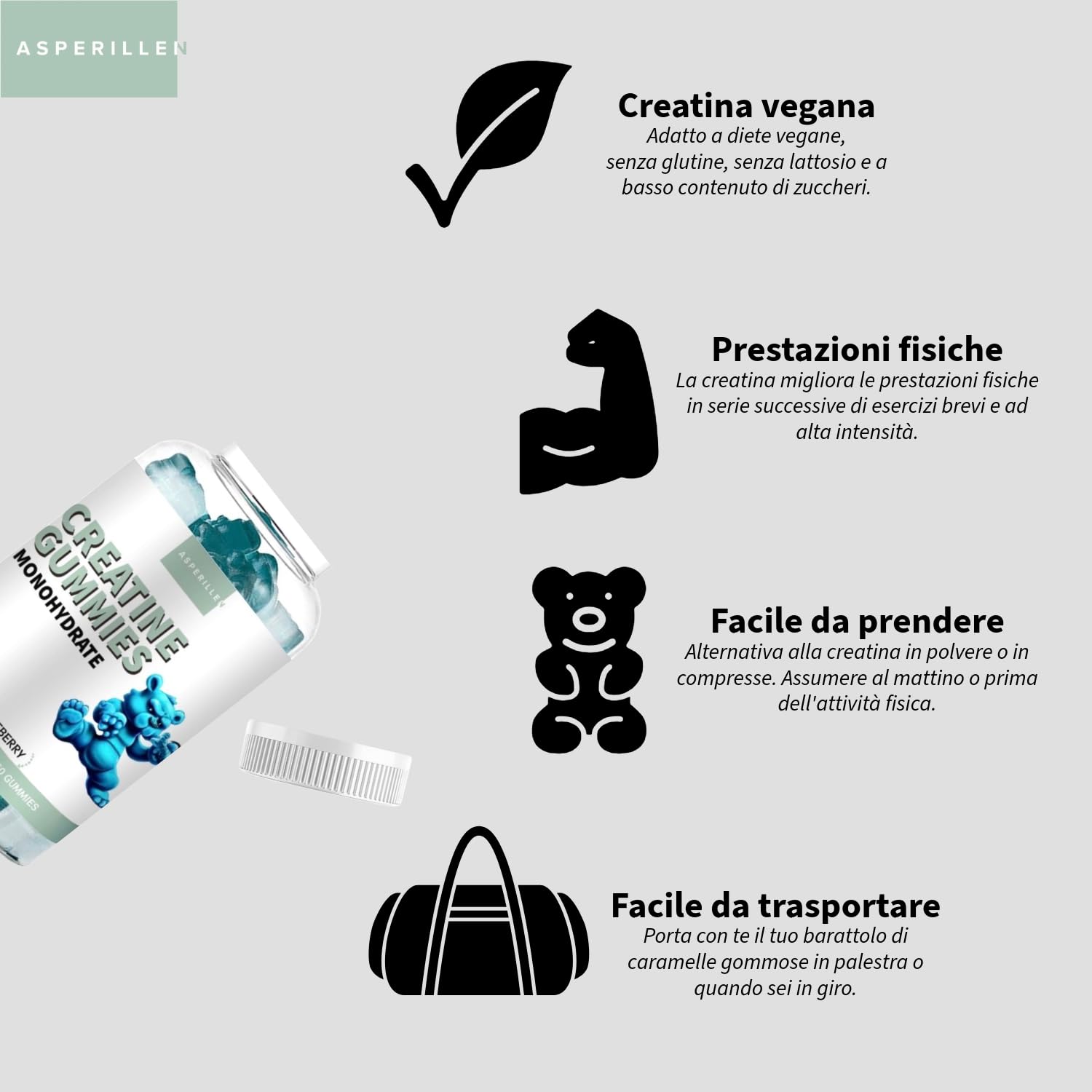 Creatina Monoidrata in Gommose Gusto Mirtillo - 100% Creatina Monoidrato per Prestazioni Fisiche e Potenza Muscolare - Vegano, Senza Glutine, Senza OGM, 60 Unità - Creatine Gummies