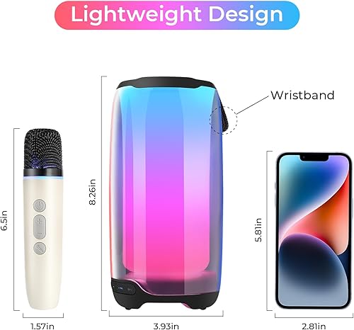 Miniatura 3 de Máquina de karaoke portátil para adultos y niños con 2 micrófonos, ajuste de gravesagudos, TWS, luces LED, compatible con BT, tarjeta TF, altavoz