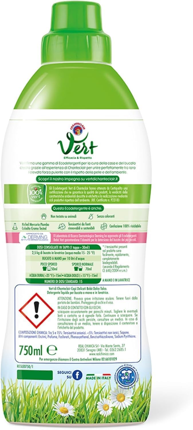 CHANTECLAIR VERT Detersivo per bambini, pacchetto di test per mandorle/talco, detersivo liquido Capi Delicati Bebè – Detersivo igienico per capi delicati – 8 x 750 ml