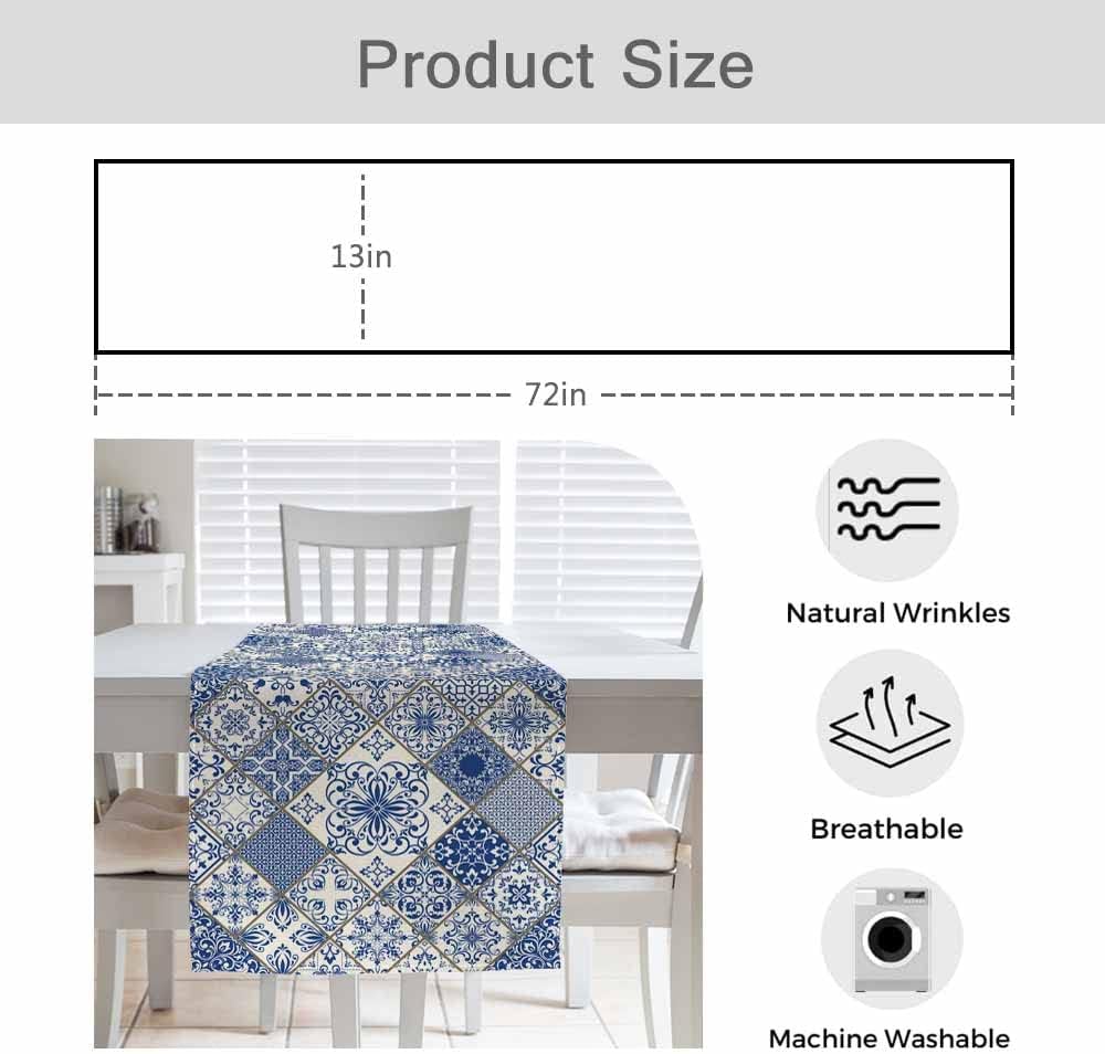 HOSNYE Table Runner Blue White Patchwork Tile in Spanish Style,Cotton Linen Table Runner Decoration for Kitchen Family Dinner Table Holiday Party Farmhouse Style 13 x 72 Inch