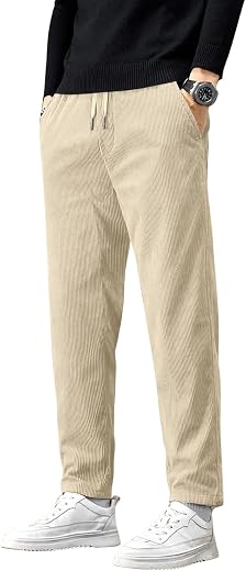 SMOWKLY Men’s Corduroy Trouser | Cotton Blend Pants for Men | Mid-Rise Straight Fit Casual Trousers | Elastic Waist with D...