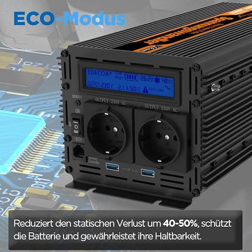 Edecoa Spannungswandler 24V auf 230V mit Fernbedienung und LCD-Bildschirm