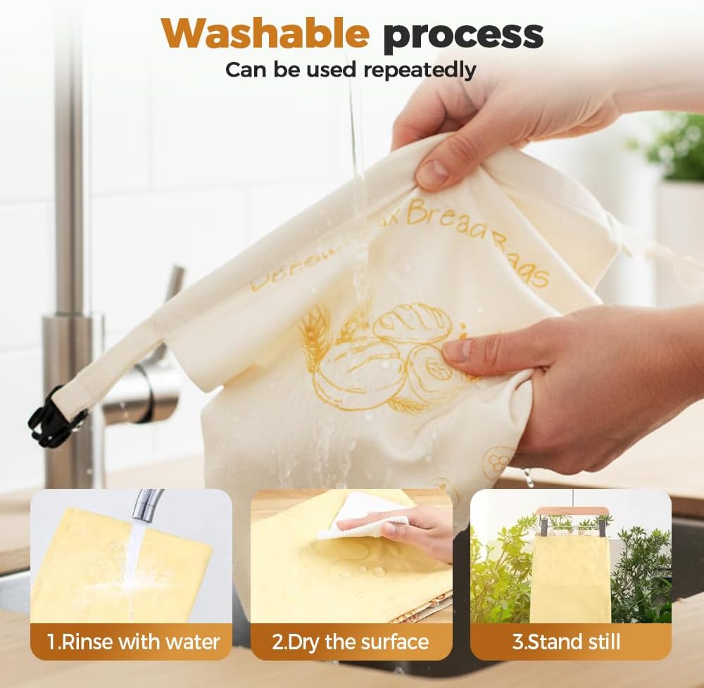 Beeswax Lining Bread Bag, Eco-Friendly Reusable Bread Bags for Bread Sourdough, with Buckle & Zipper for Bread Freshness with Sealing (2PCS A)