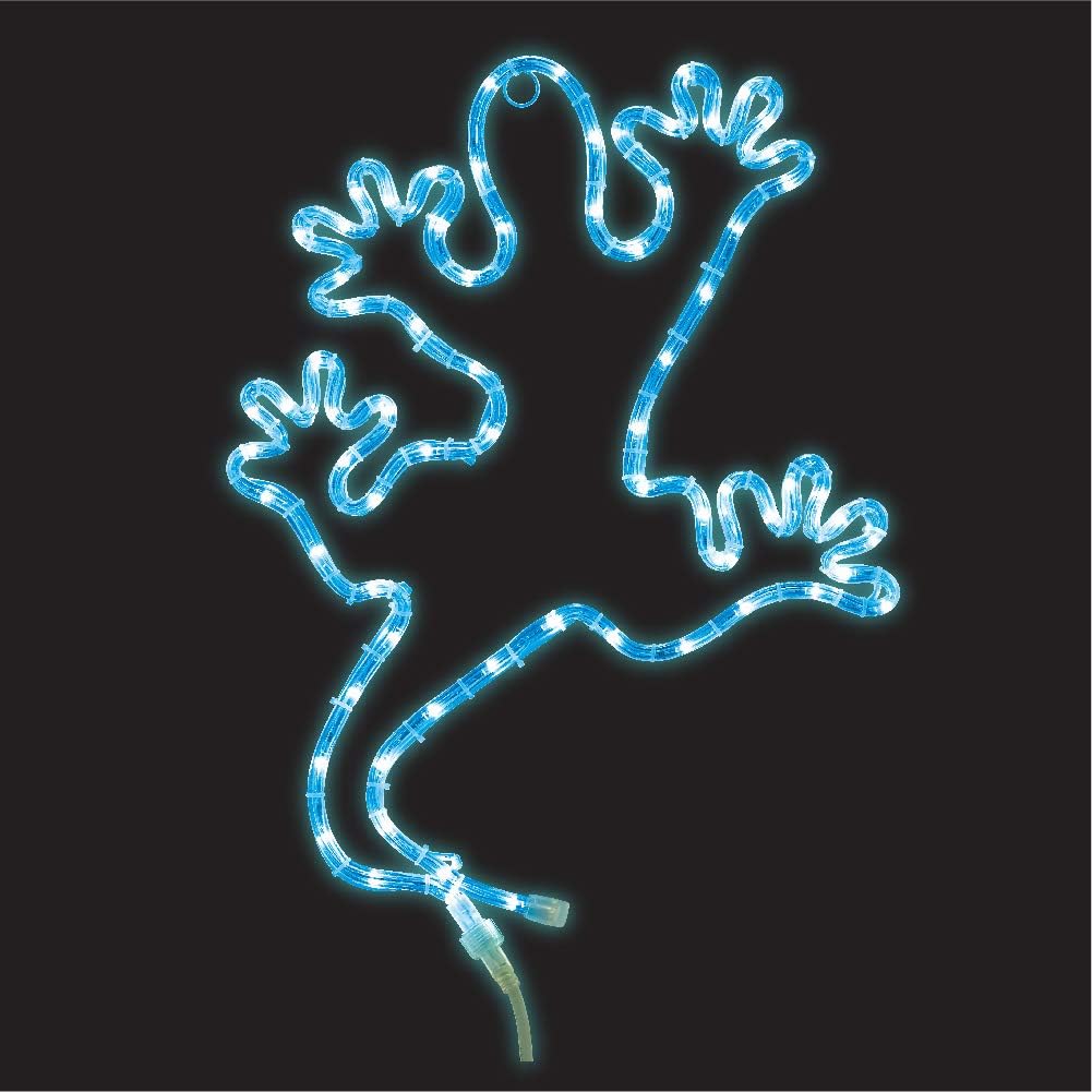 Decorative LED Rope Light - 2' Lizard; Blue rope; 4.9' (1.5m) white lead wire; metal frame with hanging ring; 120V; UL approved for indoor and outdoor use.
