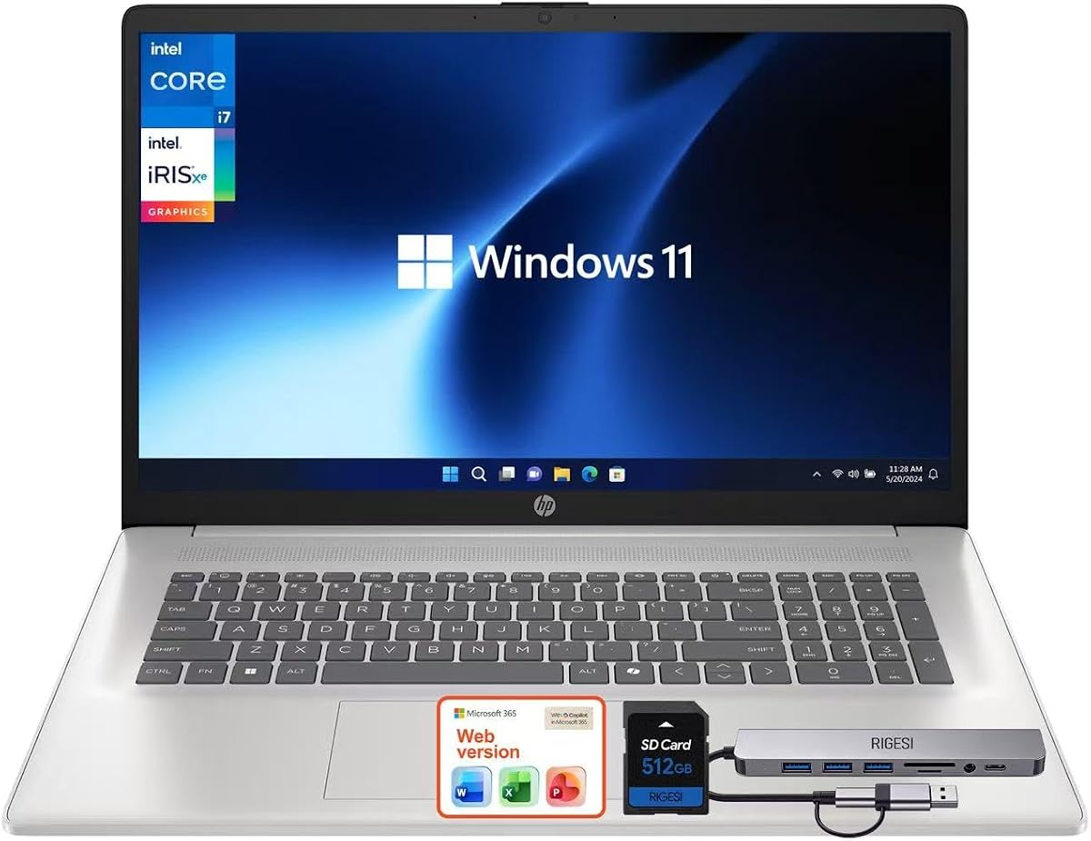 17.3" FHD Thin & Lightweight Business Laptop · New Edition · Intel Core i7-1355U · 32GB RAM · 1TB SSD + 512GB SD Card for Expanded Storage · Windows 11 Pro · Wi-Fi 6 · Copilot Key · Silver