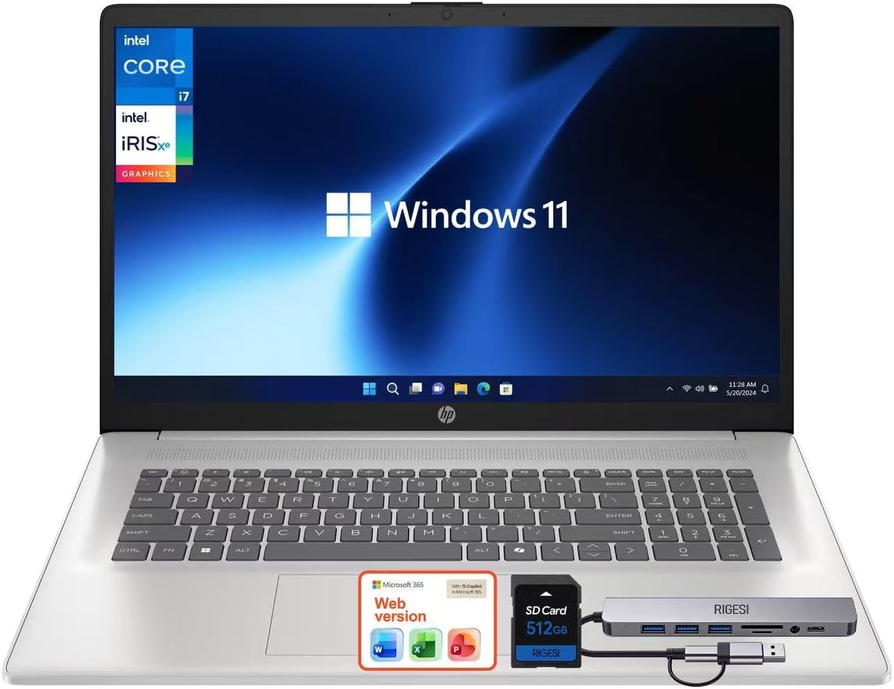 HP 17.3" FHD Thin & Lightweight Business Laptop · New Edition · Intel Core i7-1355U · 32GB RAM · 1TB SSD + 512GB SD Card for Expanded Storage · Windows 11 Pro · Wi-Fi 6 · Copilot Key · Silver