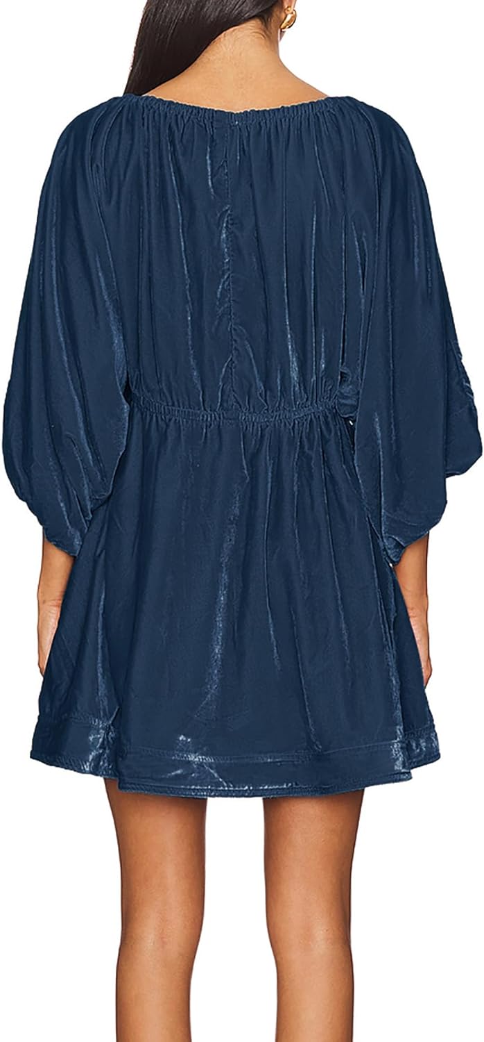 R.Vivimos Womens Fall Velvet Tunic Dress 2026 Trendy Sexy Deep V Neck 3/4 Sleeve Elastic Waist Loose Mini Dress with Pockets - Image 3