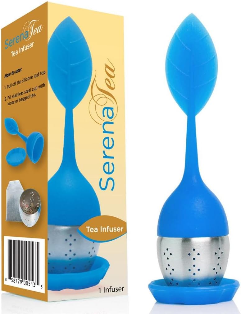 Tea Infuser by SerenaTea Blue - 100% Food Grade Silicone, Stainless Steel Strainer, No Mess Drip Tray - Perfect for Loose Tea Leaf