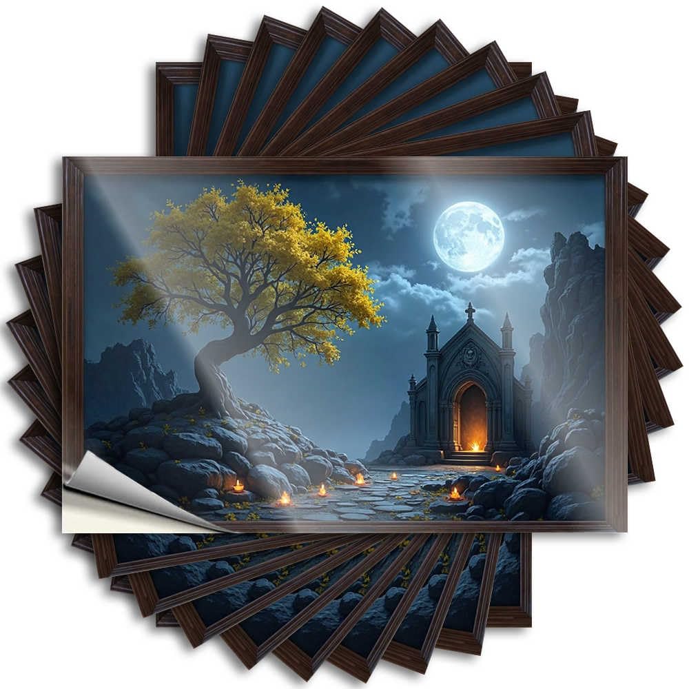 Lettering Sticker Room Decorations Aesthetic Coffee Sweet Case Mystical Night Scene with Full Moon, Ancient Tree, and Stone Chap - Scratch Resistant Stickers(8X12CM)