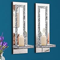 Aeveco Crystal Crush Diamond Mirrored Candle Sconces - Silver Wall Holders Set of 2, Sparkly Rectangle Decor for Living & Dining Rooms