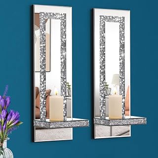 Aeveco Crystal Crush Diamond Mirrored Candle Sconces - Silver Wall Holders Set of 2, Sparkly Rectangle Decor for Living & Dining Rooms