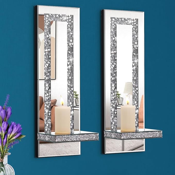 Aeveco Crystal Crush Diamond Mirrored Candle Sconces, Silver Wall Candle holder set