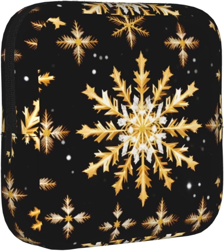 Golden Christmas Snowflake Print Women Period Bag Sanitary Pouch Portable Pad Pouch Tampon Holder Small Zipper Pouch Storage Bag