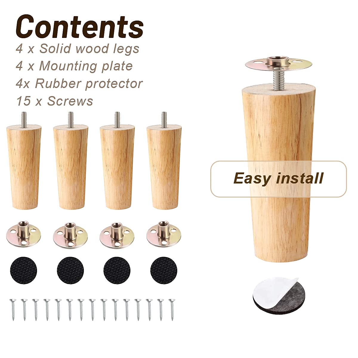 Patas De Mesa De Madera De 15 Cm,juego De 4 Patas Cónicas De Madera Maciza Con Placas De Montaje