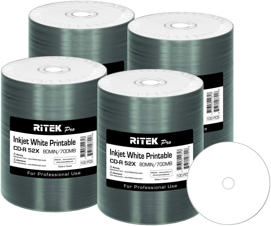 400 Pack Ritek Pro (Professional Grade) CD-R 52X 700MB White Inkjet Hub Printable Blank Media Recordable Disc