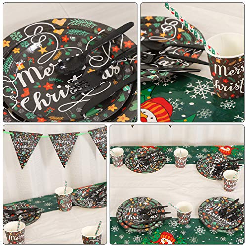KESYOO Conjunto de Talheres de Festa de Natal Pratos de Papel Copos Garfos Colheres Canudos Guardana