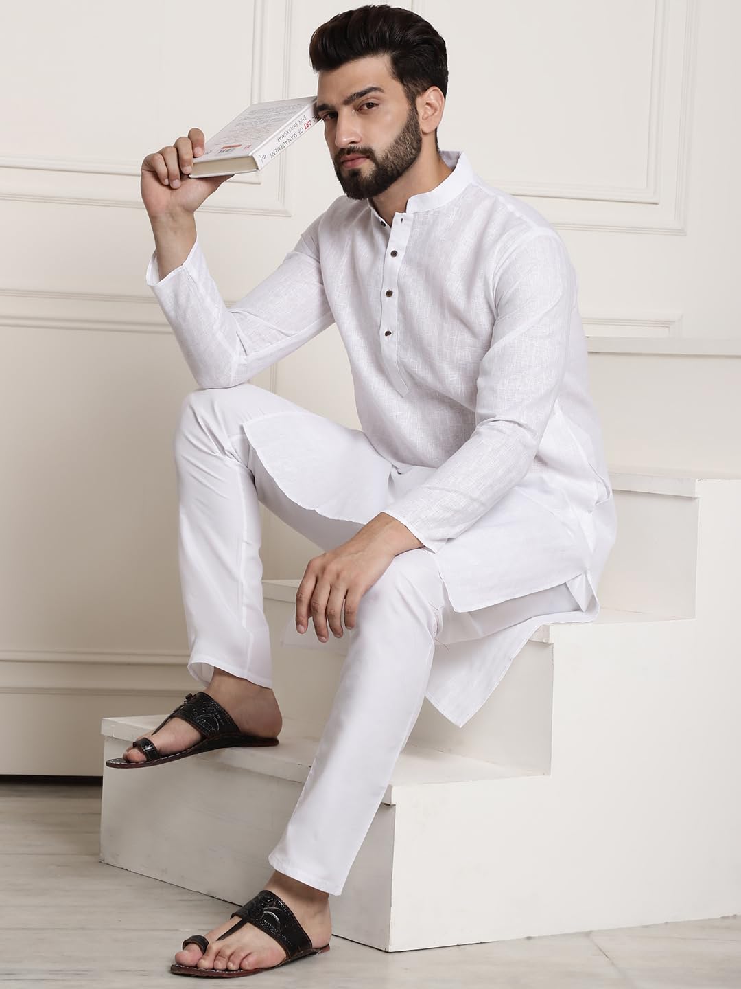 Sojanya (Since 1958 Men's Cotton Blend White Checked Kurta And White Churidar Pyjama Set