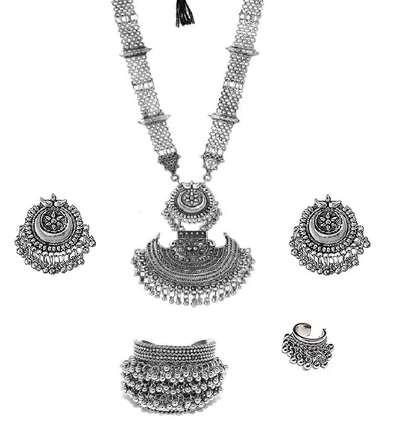 Zukhruf Afghani Oxidised Silver Jewellery Long Necklace Set with Ring Bracelet and Earrings for Women & Girls (B09BHH5TWV) Amazon Price History, Amazon Price Tracker