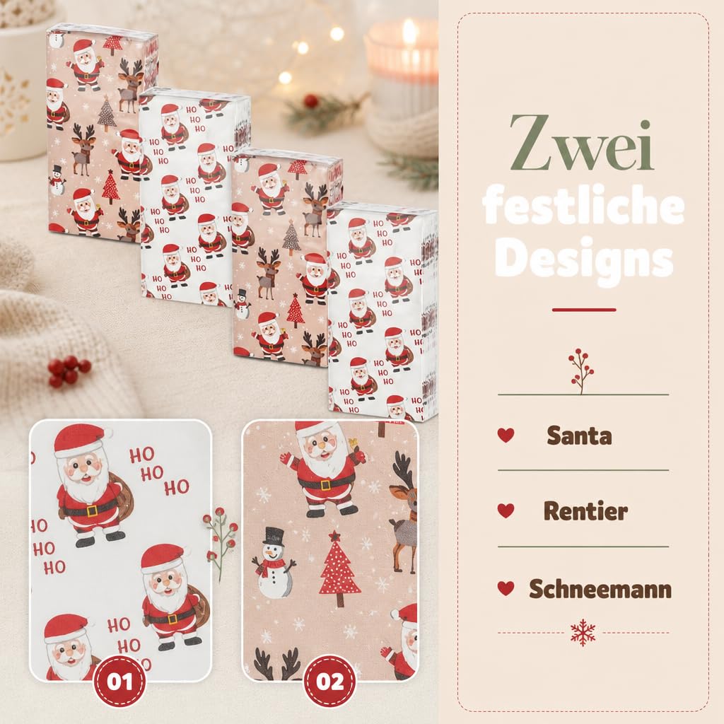 MIJOMA Set di fazzoletti di carta Ho Ho Ho Ho, 3 veli, 36 confezioni, stampati bianchi, pensierini di Natale, regali di Babbo Natale, desideri di guarigione, pratici e morbidi
