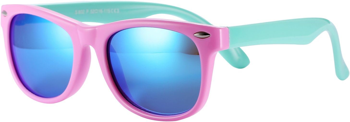 TPEE Rubber Flexible Kids Polarized Wayfarer Sunglasses for Baby and Children Age 3 -10 (Pink Frame/Blue Mirrored Lens)