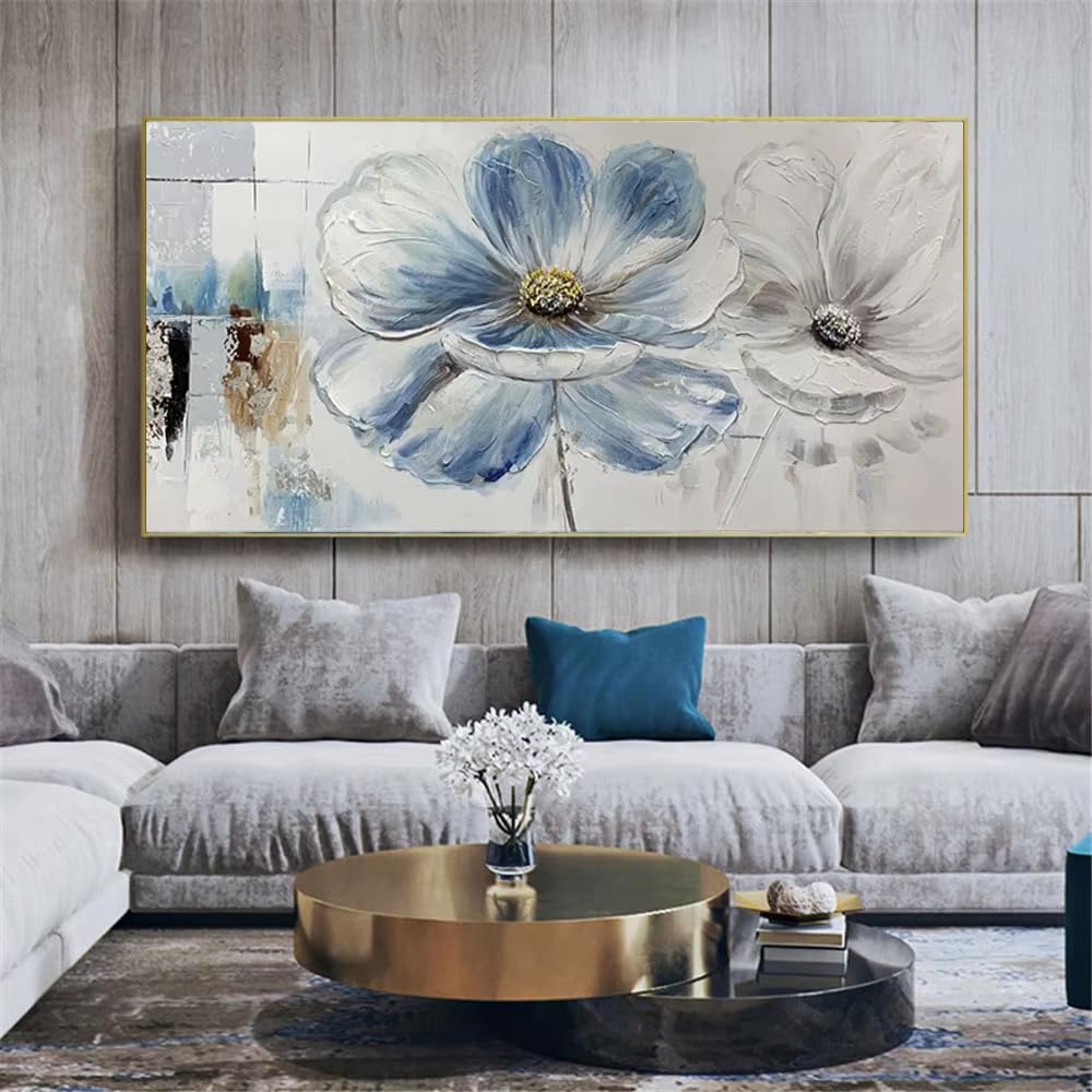 AEFOUU Wall Art Canvas Picture Print Flower Blue White Painting Large Petal Pattern Home Wall Art Poster Canvas Picture Decor(80x160cm/32x63in/Internal Frame)