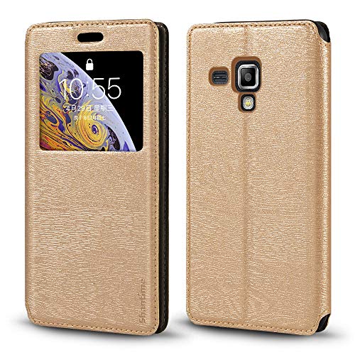 Shantime Étui Rabat Cuir Fenêtre Compatible avec Samsung Galaxy Trend Plus, Élégant Affichage Transparent, Fermeture Magnétique Cachée Porte-Carte(Doré)
