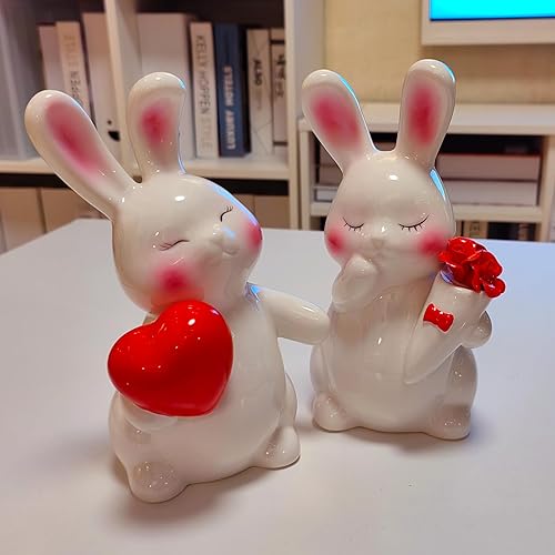 Miniatura 6 de Winsterch Estatuas de conejo de cerámica con corazón y rosa, decoración de amor para sala de estar, dormitorio, estantería, mesa auxiliar, estatua