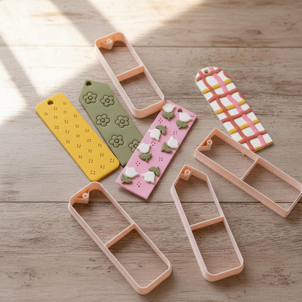 Bookmark Clay Cutters, Polymer Clay Molds, Pink Plastic, Floral & Leaf Designs, 14 Pieces, DIY Personalized Book Lover Gift