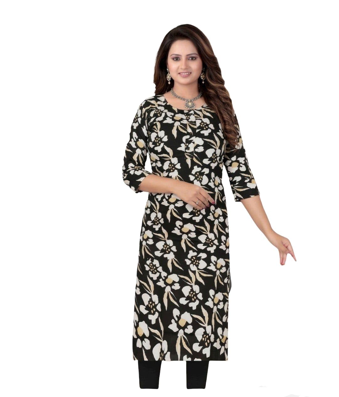 Women's Floral Print Straight Kurti, Black, 3/4 Sleeves, Round Neck, Casual Wear