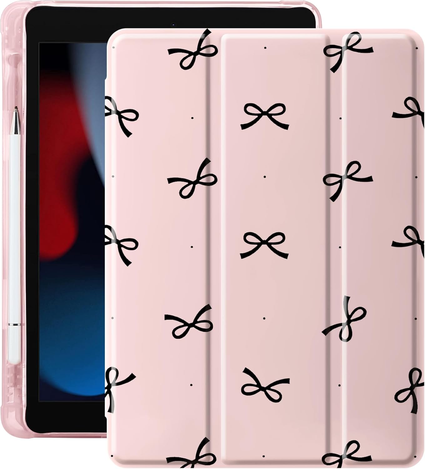 Idocolors Case for iPad 7th/8th/9th Generation (2019/2020/2021) 10.2", Built-in Pencil Holder with Soft TPU Shockproof Back Shell Auto Wake/Sleep, Bunny Bow-Black