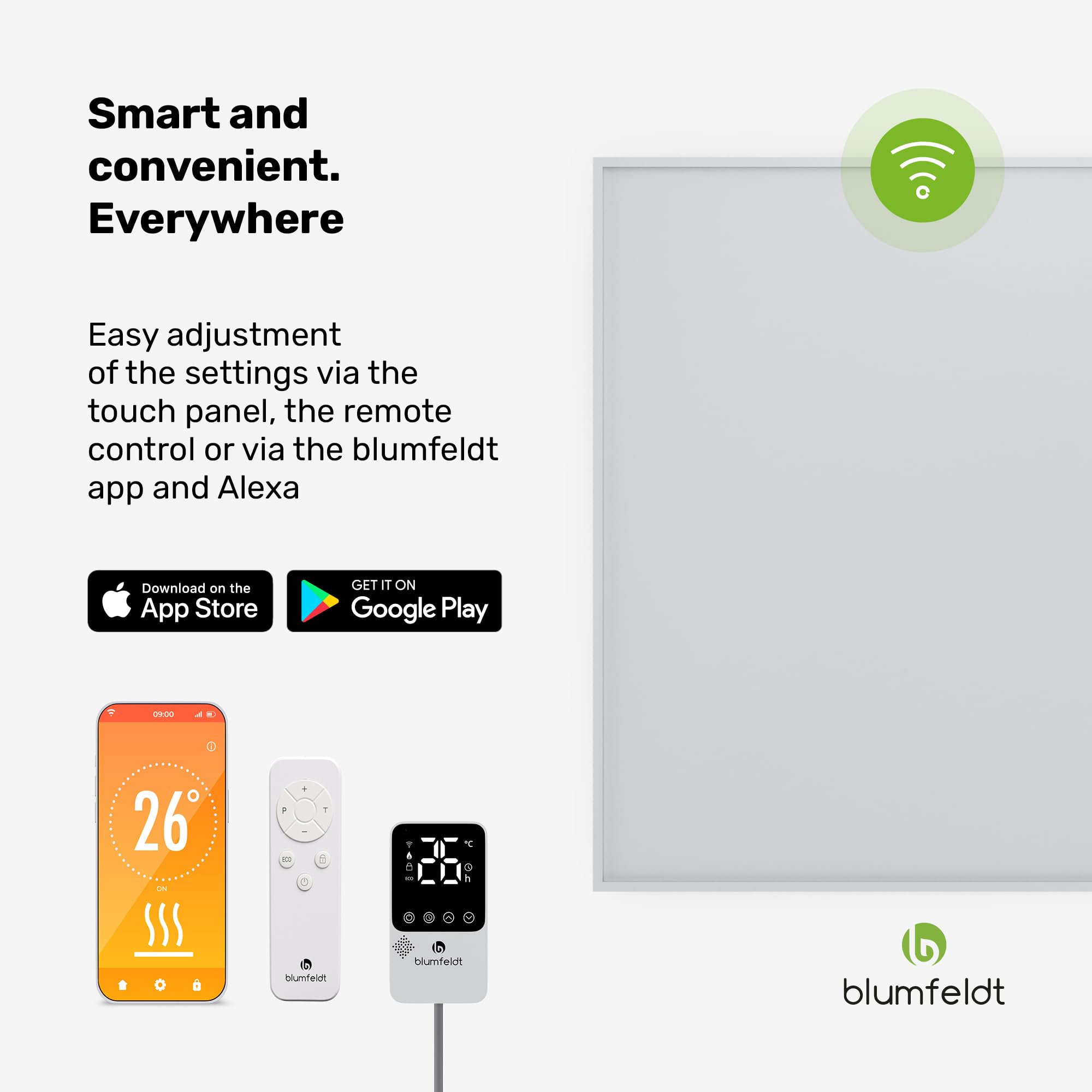 Blumfeldt Ogrzewanie ścienne na podczerwień 360W – Montaż ścienny, Zewnętrzny termostat, Sterowanie aplikacją, 95% efektywności, Do 6-10 m², Aluminium, Zabezpieczenie przed przegrzaniem, Łazienka
