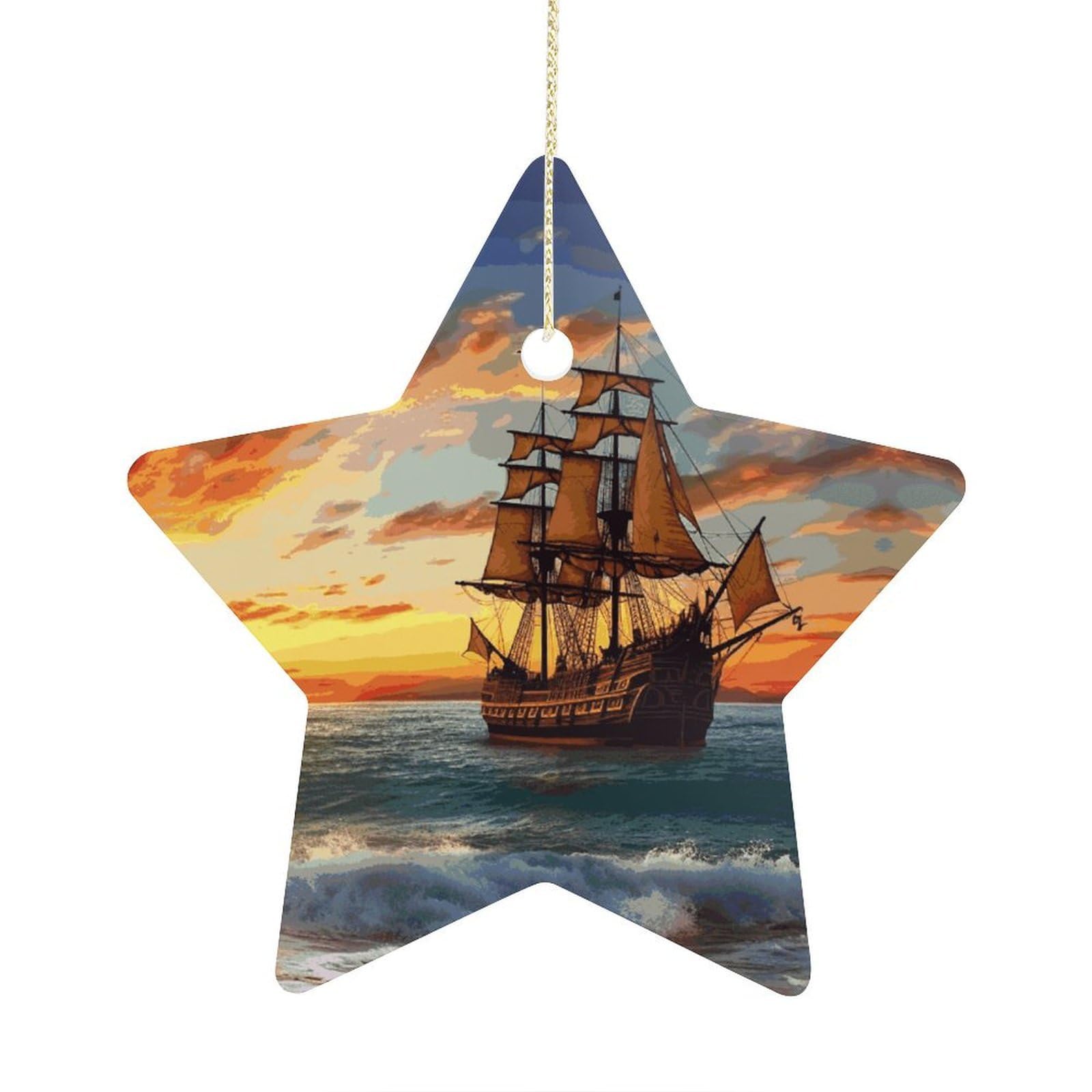 Pirate Ship in The Sunset Stars Ornaments Ceramic Christmas Tree Hanging Light in Weight Christmas Star Pendants Funny Double-Sided Printed Xmas Ornaments for Gifts