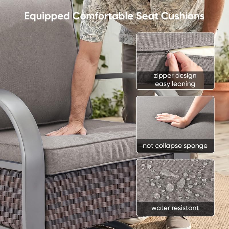 Image of Rilyson 3 Seat Outdoor Wicker Couch, Rattan Patio Sofa with Grey Cushions | Metal Armrest, High Back and Deep Seating, Water-Resistant, Fade-Resistant, Removable Cover, Stain-Resistant