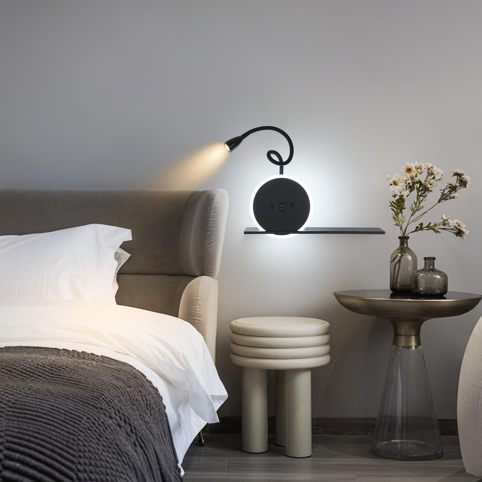 SANSHI Leselampe 2 Stück,Schwenkbar Nachttischlampe mit Schalter,Schwarz | wand Leselicht,USB + TYPE C Ladeanschluss Wandleuchte,3W 3000K + 9W 6000K Beleuchtung,Schlafzimmer Hotels Bettlampe