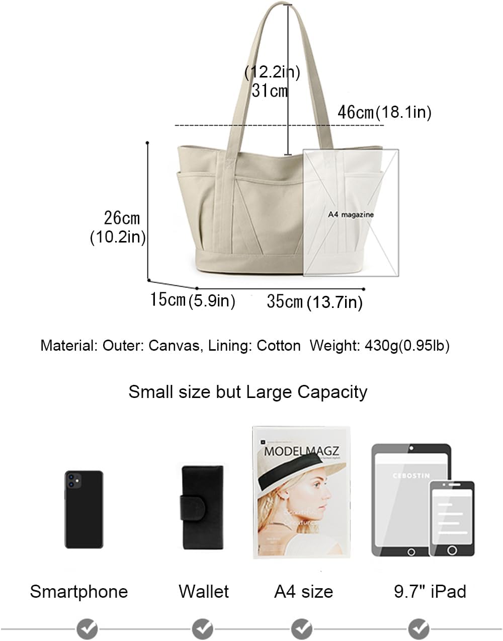 zhongningyifeng Women Tote Bag Canvas Casual Top Handle Satchel Large Capacity Handbag with Zipper for Work Travel Shopping - Image 3