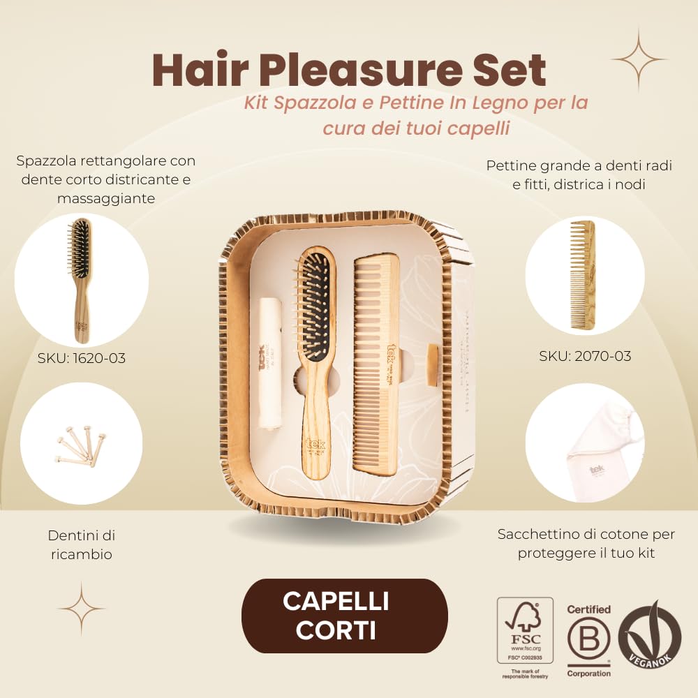 TEK - Hair Pleasure Set, Kit Spazzola e Pettine In Legno, Denti Di Ricambio Inclusi, Set Per La Cura Dei Capelli, Naturale e Artigianale, Perfetto Per Capelli Corti