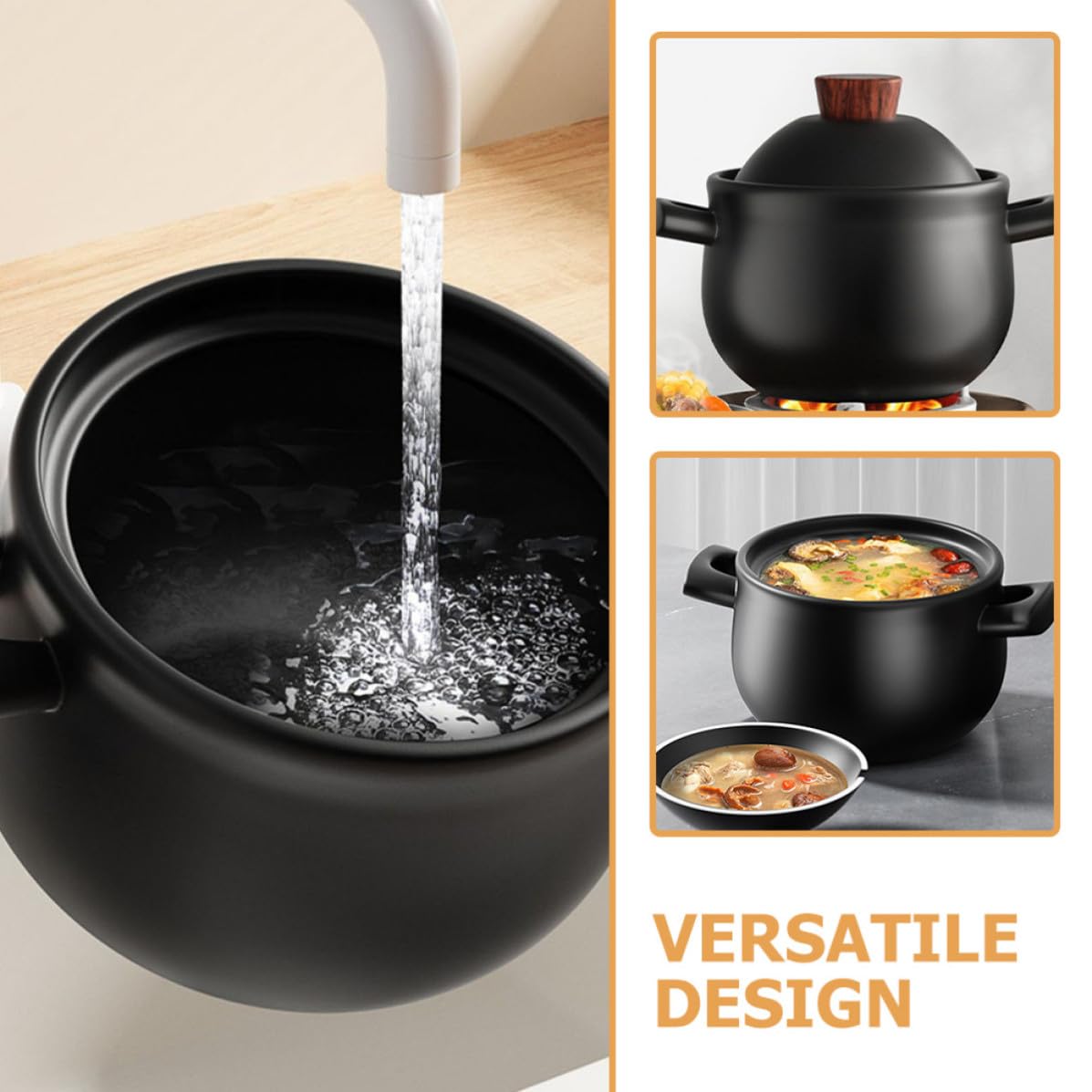 UKCOCO Großer Keramik Kochtopf 1,8l Schwarz mit Deckel Hitzebeständig und Leicht zu Reinigen für Gartenparty und Tägliches Kochen