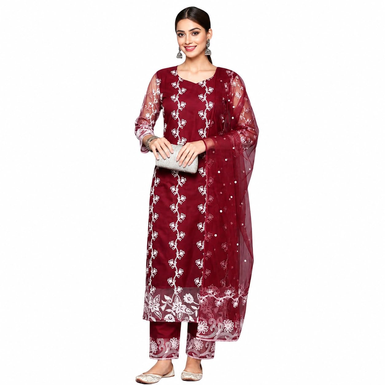 Women's Embroidered Straight Kurta Pant Dupatta Set | Floral Embroidered Ethnic Suit Set | Round Neck | 3/4 Sleeves | Maroon | Kurta Palazzo Dupatta Set-picture-49