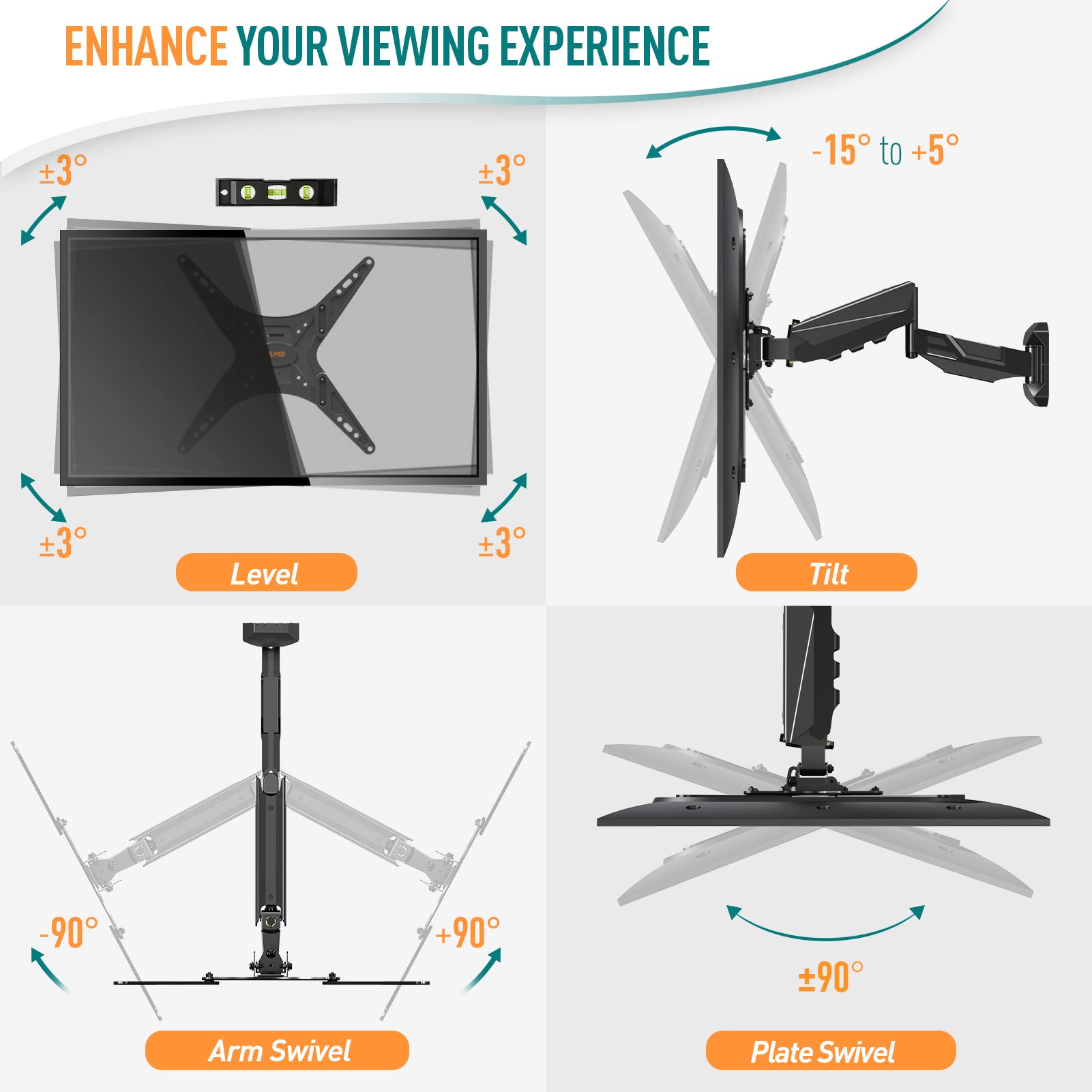 ELIVED Soporte de pared regulable en altura para la mayoría de televisores LED, LCD, OLED planos o curvados de 23 a 55" con VESA 100 x 100 mm-400 x 400 mm hasta 25 kg, soporte de ángulo de movimiento