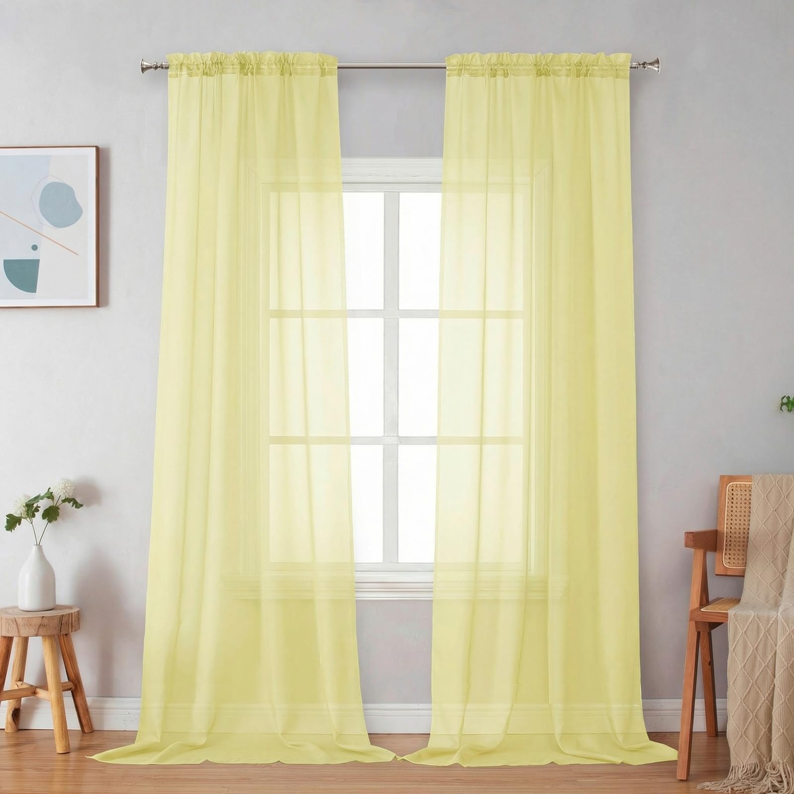 Simplebrand Light Yellow Sheer Curtains 96 Inches Long 2 Panels for Bedroom