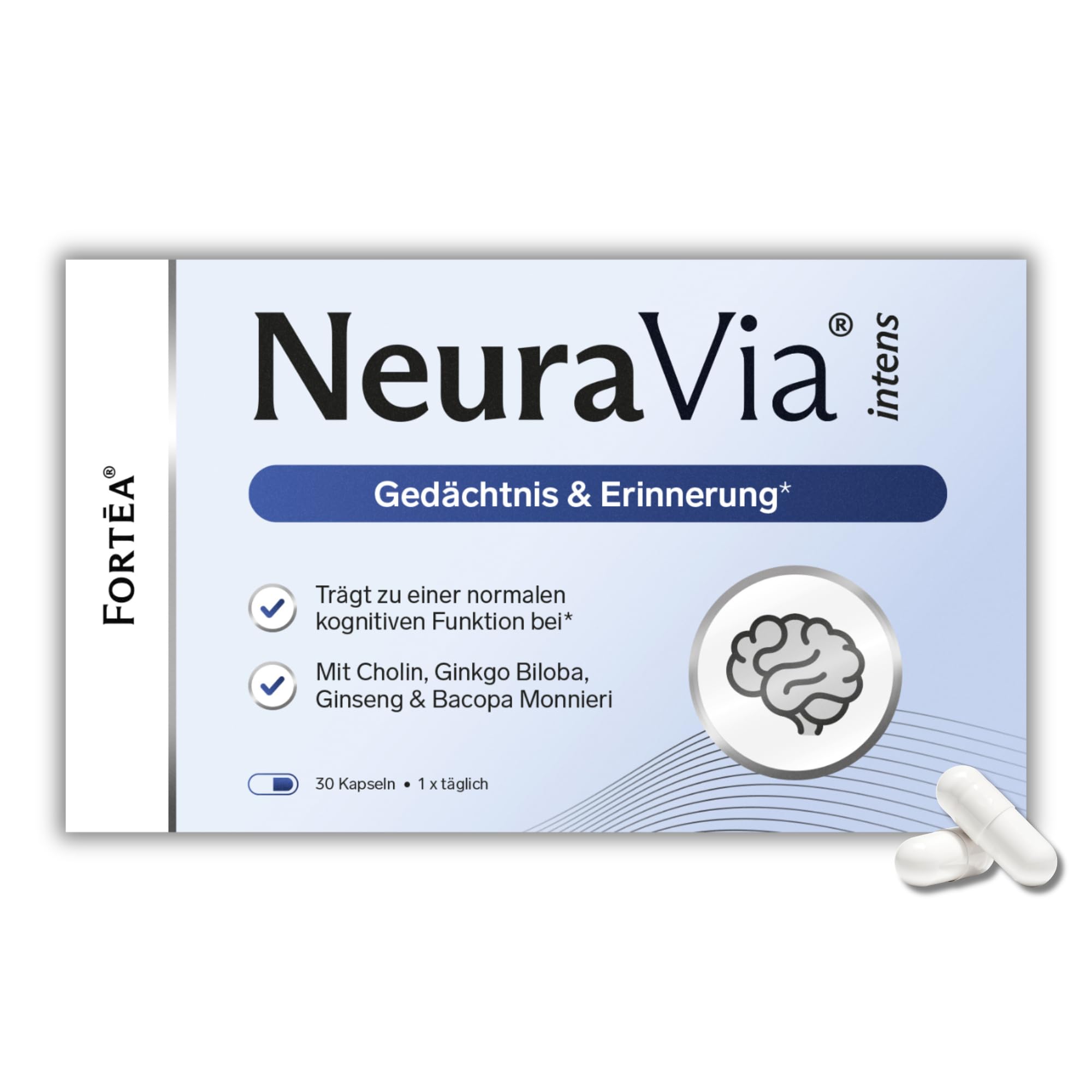 FORTEA® - Gedächtnis & Erinnerung Kapseln in Apothekenqualität - NeuraVia - Für Gehirn- und Gedächtnisfunktion entwickelt - Komplex mit Vitamin B6, B12, Zink und Ginseng Extrakt - 30 Stück