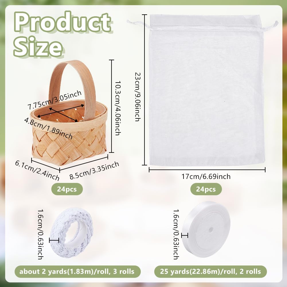 OLYCRAFT 24 Sets Mini Geflochtene Körbe mit Griffen Kleine Blumen Obst Picknickkörbe Weihnachtsmini Geflochtener Korb mit Weißer Spitzenband Verzierung für Hochzeit Party Geschenk Deko