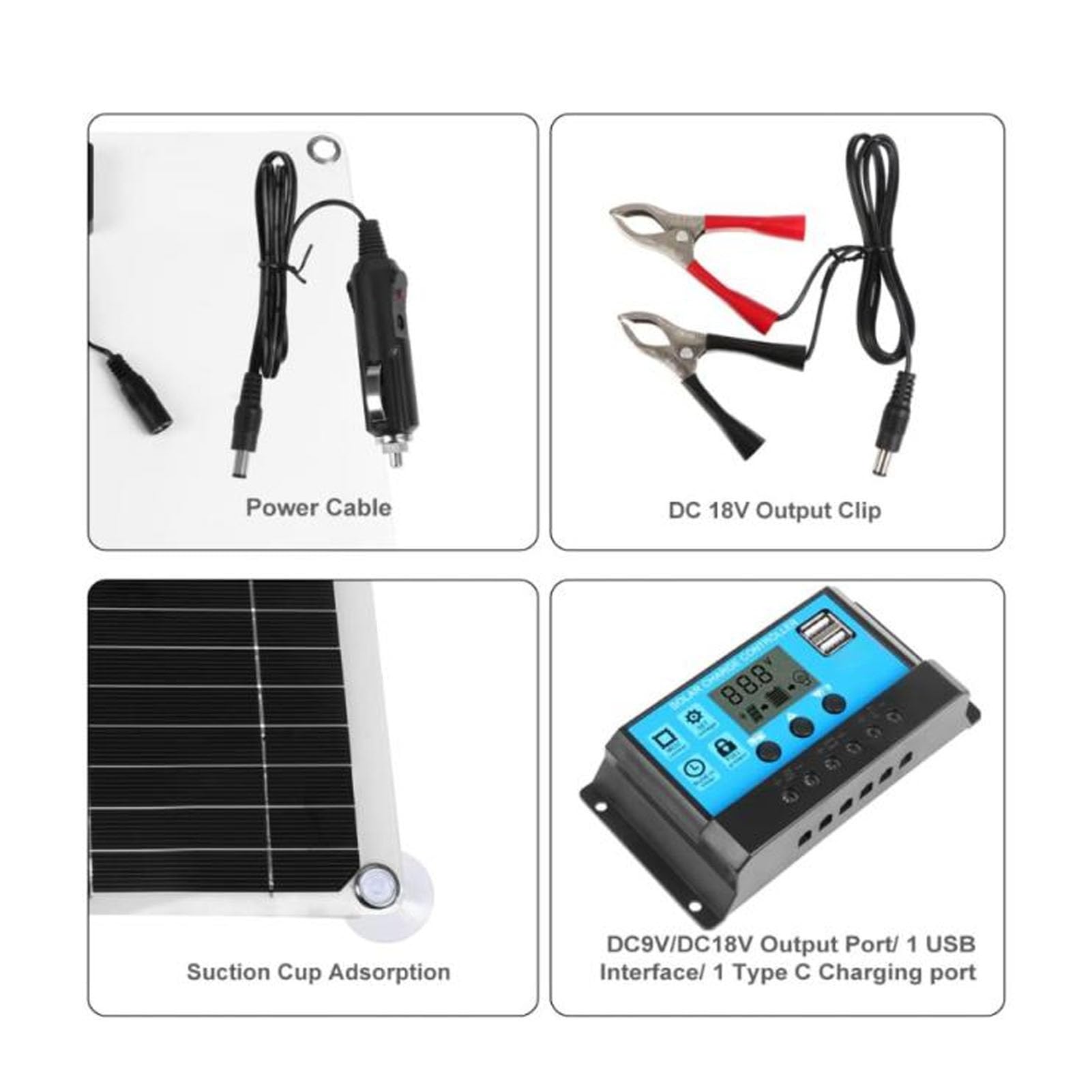 Asixxsix Kit pannello solare da 200 W, pannello solare in silicio monocristallino con controller blu e clip per batteria con cavo 10 in 1, per camperr, auto, barche e campeggio