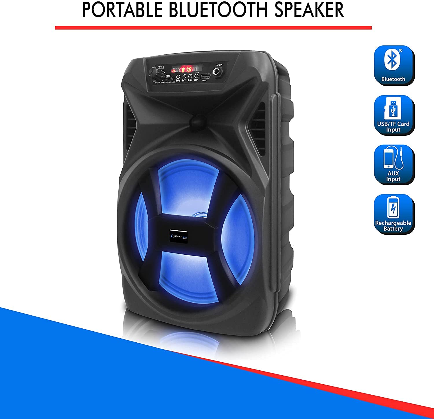 Technical Pro Altoparlante Bluetooth portatile da 20,3 cm da 500 Watt, con woofer e tweeter, stereo wireless con microfono cablato con elaborazione digitale, XLR a 1/4", microfono cablato per karaoke