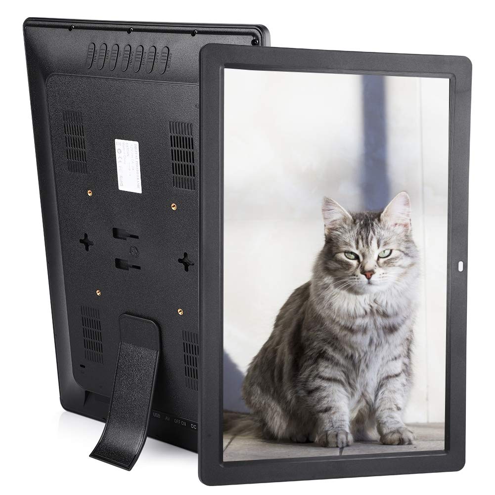 Front view of the Vbestlife 17-inch digital photo frame displaying a family photo, with a remote control in the foreground.
