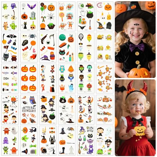 Alaoo Tatuagens temporárias de Halloween, 30 folhas tatuagens temporárias crianças Halloween, tatuagem de desenhos animados, para decoração de festa de Halloween, presentes para crianças B