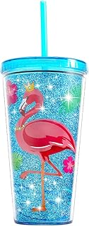 Cute Glitter Tumbler Cups with Lid and Straw, Double Wall Insulated Acrylic Cup, 22 oz / 650ml (Flamingo)