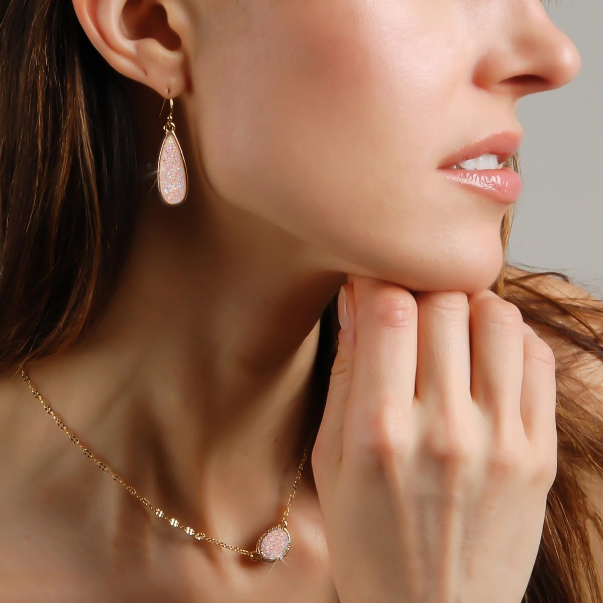 Teardrop Dangle Earrings for Women with Simulated Druzy Stones, in Gold, Rose Gold, or Silver Tone - Image 7