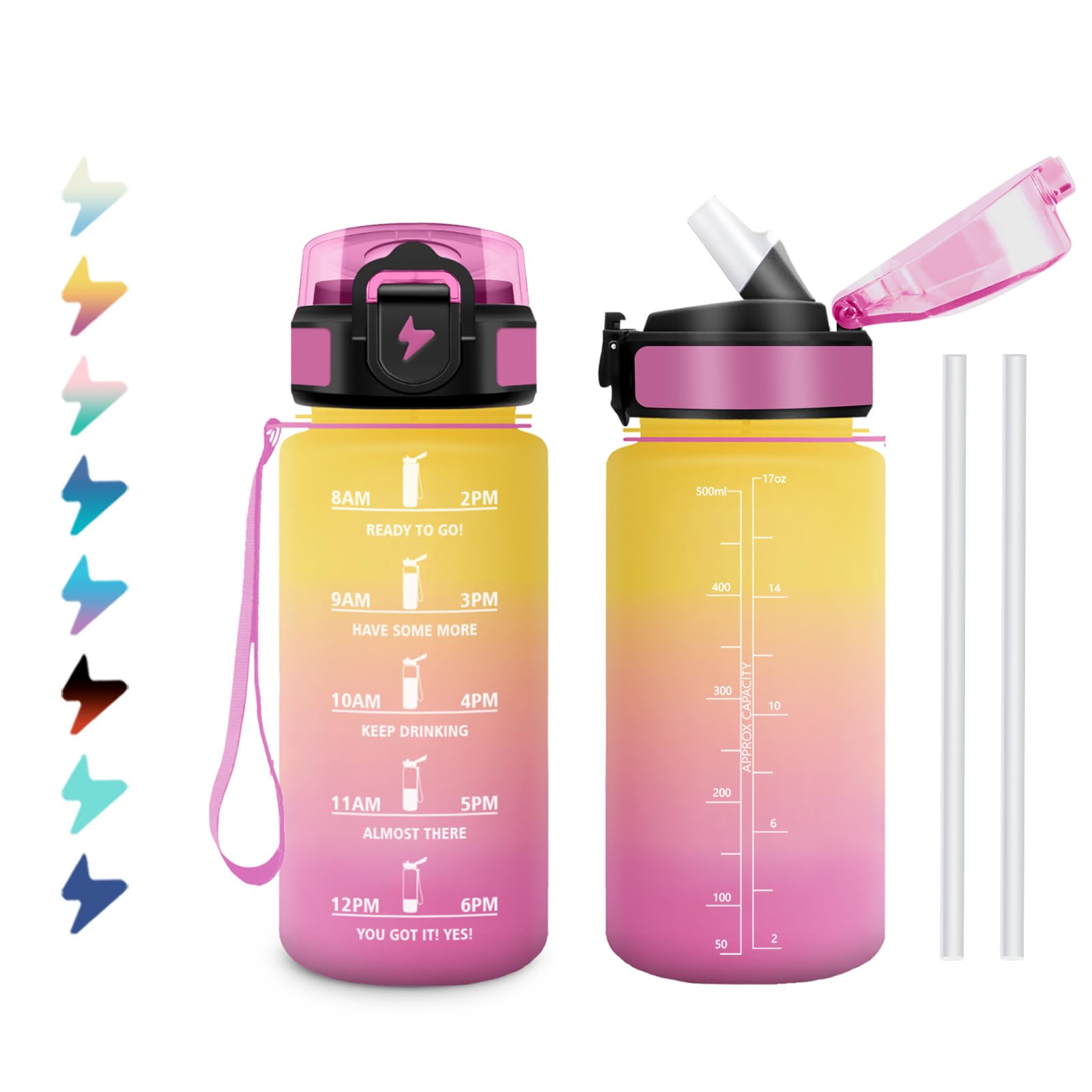 Borraccia Bambini 500ml, Borraccia con Indicazione del Tempo, Leggera e Facile da Tenere, Riutilizzabile e Facile da Pulire, Bottiglia Bambini con Cannuccia, per Palestra, Corsa, Yoga, Ufficio