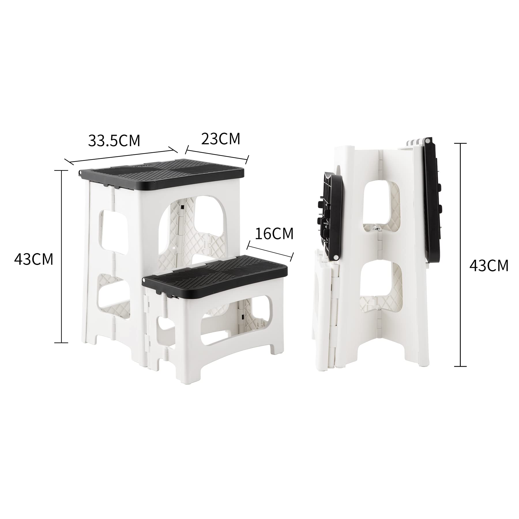 Topfun 8" 17" Folding 2-Step Stool, Non-Slip Footstool for Adults or Kids, Capacity of 300 lbs - Portable Stools for Home Bedroom Office RV (Black&White, 17 inch, 2-Step)